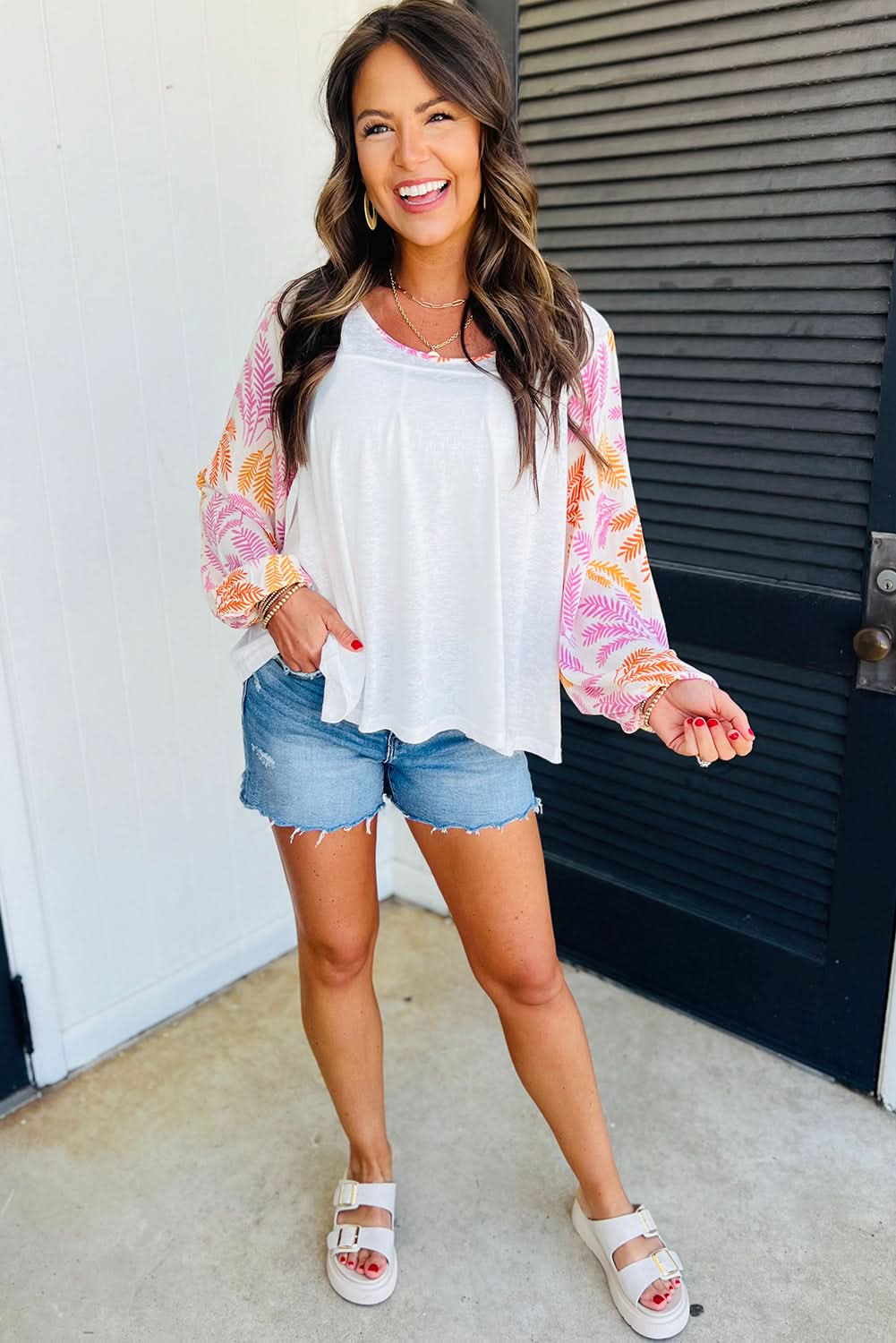White Tropical Leaf Printed Patchwork Sleeve Round Neck Top - Love Salve